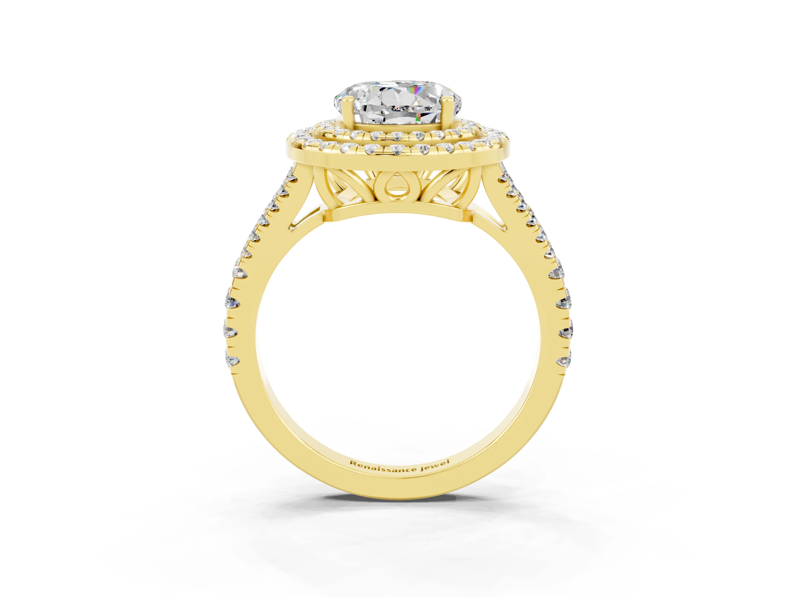Yellow gold Round Cut Moissanite Double Halo Ring with Pavé Band and Prong Setting_15