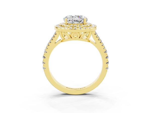 Yellow gold Round Cut Moissanite Double Halo Ring with Pavé Band and Prong Setting