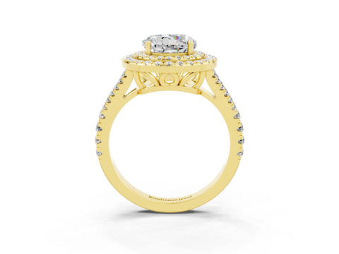 Yellow gold Round Cut Moissanite Double Halo Ring with Pavé Band and Prong Setting_15