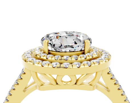 Yellow gold Round Cut Moissanite Double Halo Ring with Pavé Band and Prong Setting_16