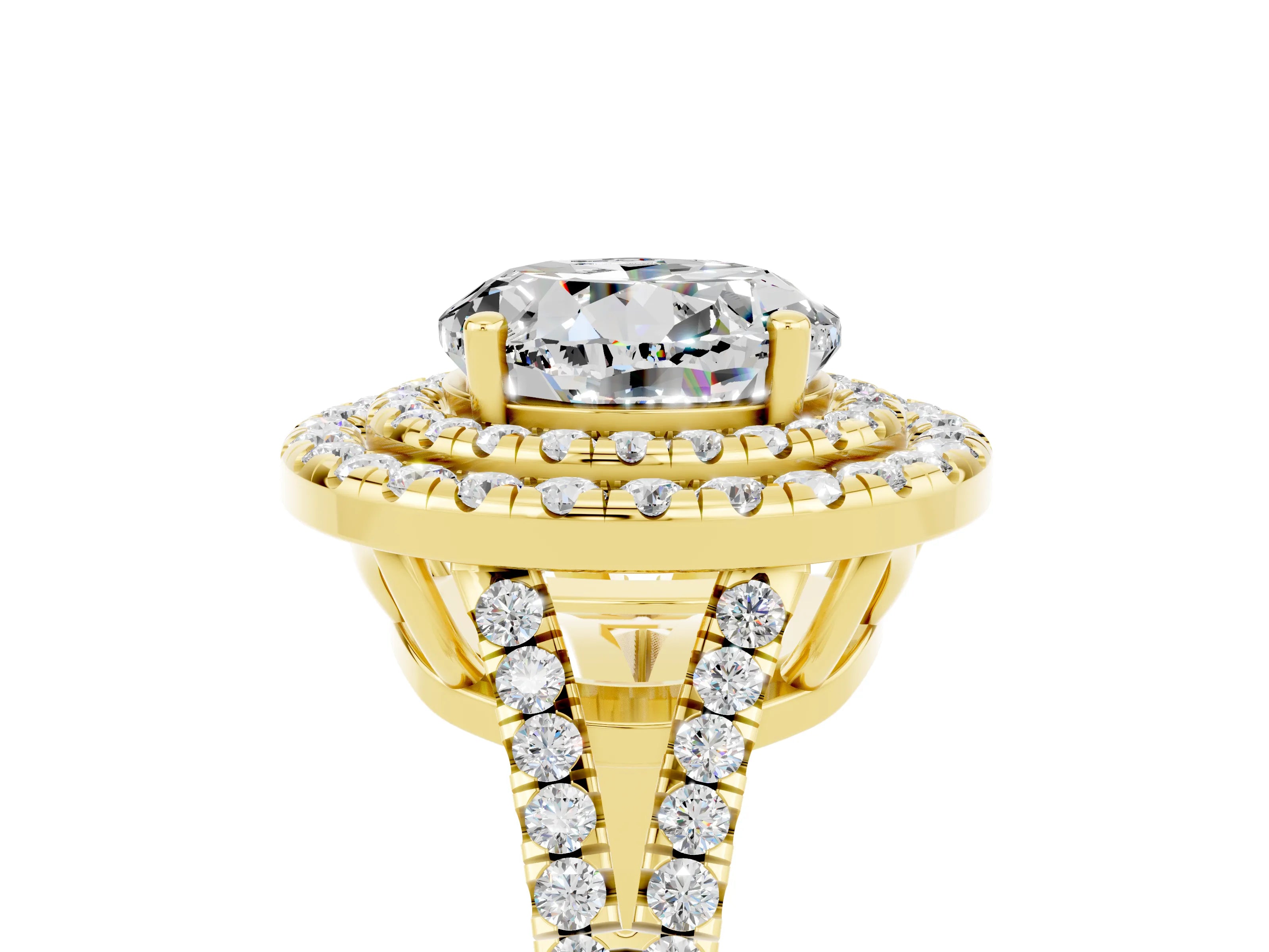 Yellow gold Round Cut Moissanite Double Halo Ring with Pavé Band and Prong Setting_17