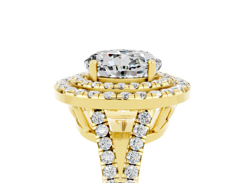 Yellow gold Round Cut Moissanite Double Halo Ring with Pavé Band and Prong Setting_17