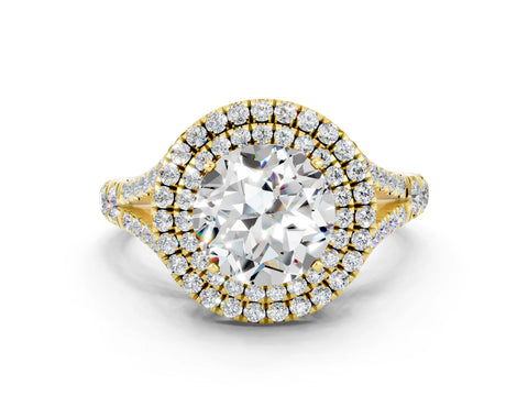 Yellow gold Round Cut Moissanite Double Halo Ring with Split Shank and Prong Setting_12