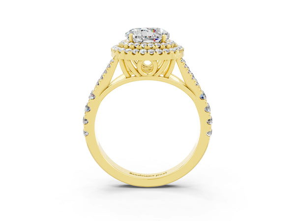 Yellow gold Round Cut Moissanite Double Halo Ring with Split Shank and Prong Setting
