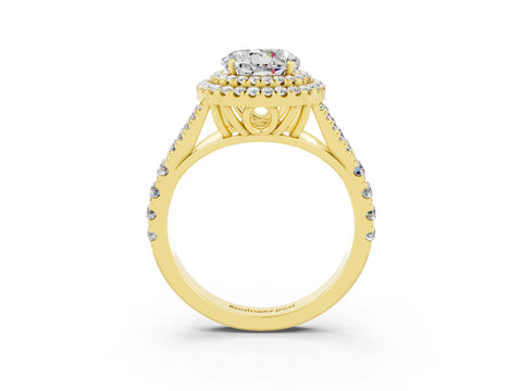 Yellow gold Round Cut Moissanite Double Halo Ring with Split Shank and Prong Setting_15