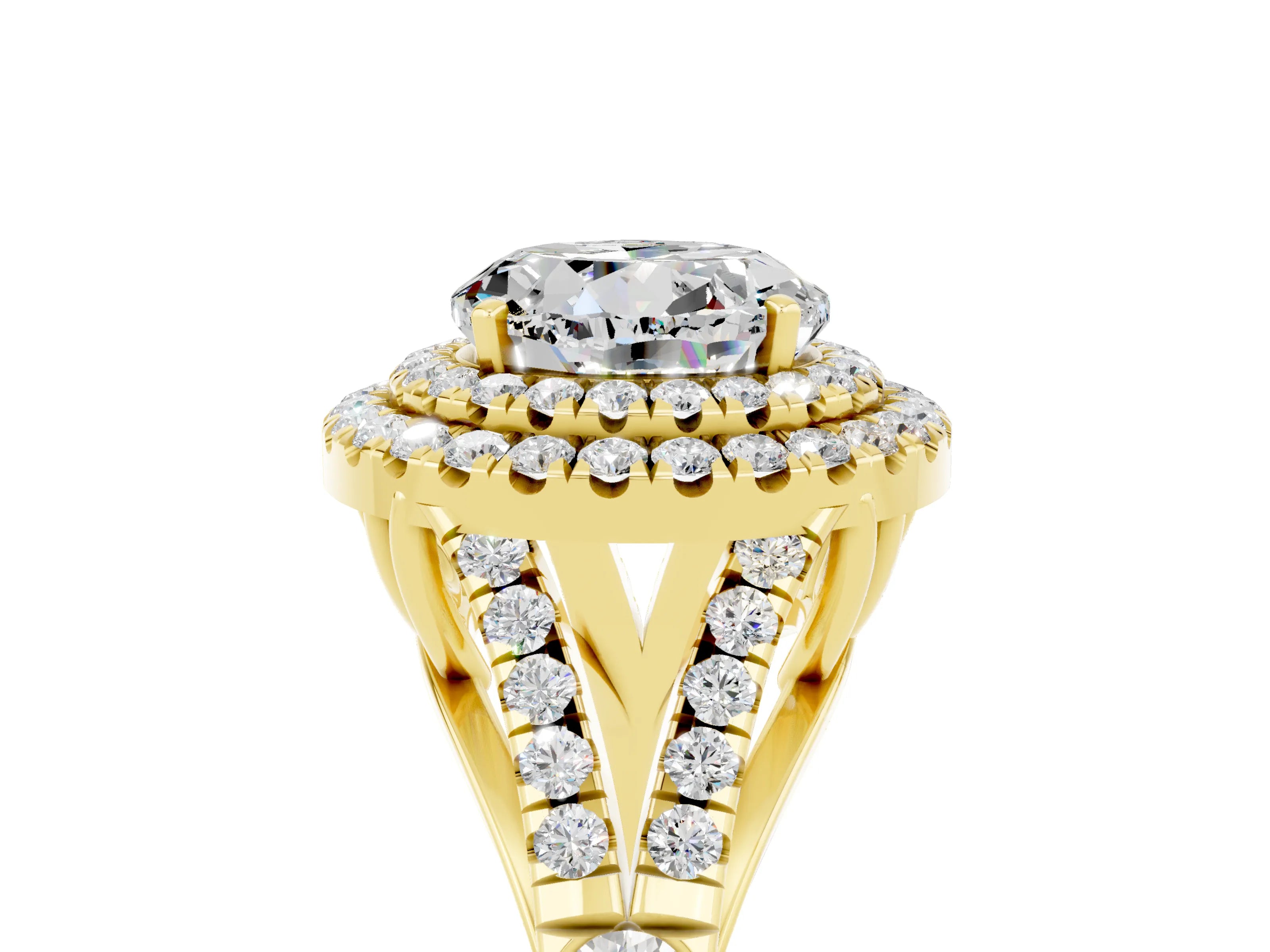Yellow gold Round Cut Moissanite Double Halo Ring with Split Shank and Prong Setting_17