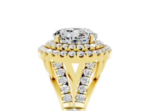 Yellow gold Round Cut Moissanite Double Halo Ring with Split Shank and Prong Setting_17