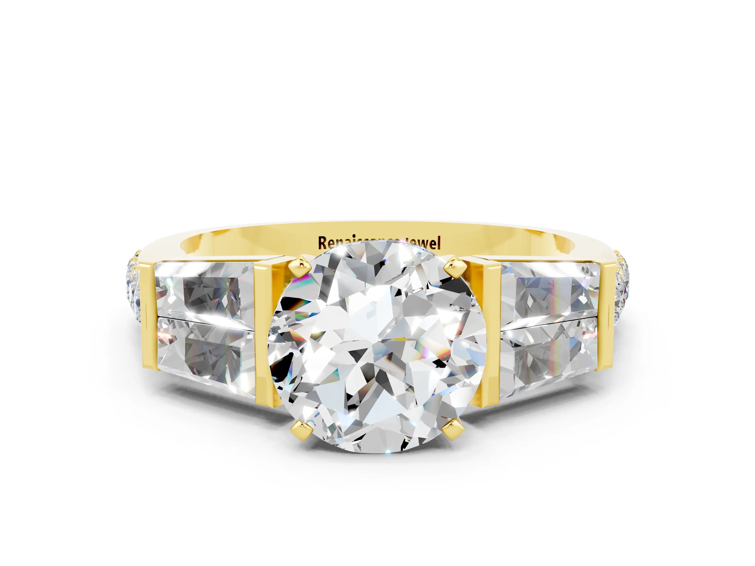 Yellow gold Round Cut Moissanite Engagement Ring with Baguette Side Stones and Channel Set Band