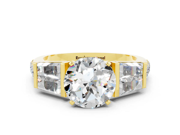 Yellow gold Round Cut Moissanite Engagement Ring with Baguette Side Stones and Channel Set Band
