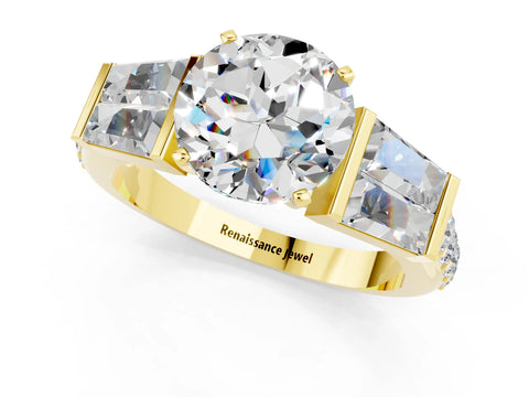 Yellow gold Round Cut Moissanite Engagement Ring with Baguette Side Stones and Channel Set Band_1