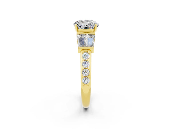 Yellow gold Round Cut Moissanite Engagement Ring with Baguette Side Stones and Channel Set Band