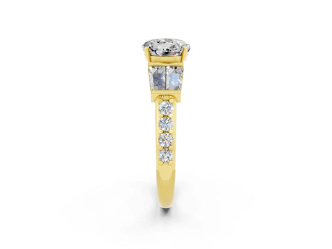 Yellow gold Round Cut Moissanite Engagement Ring with Baguette Side Stones and Channel Set Band_2