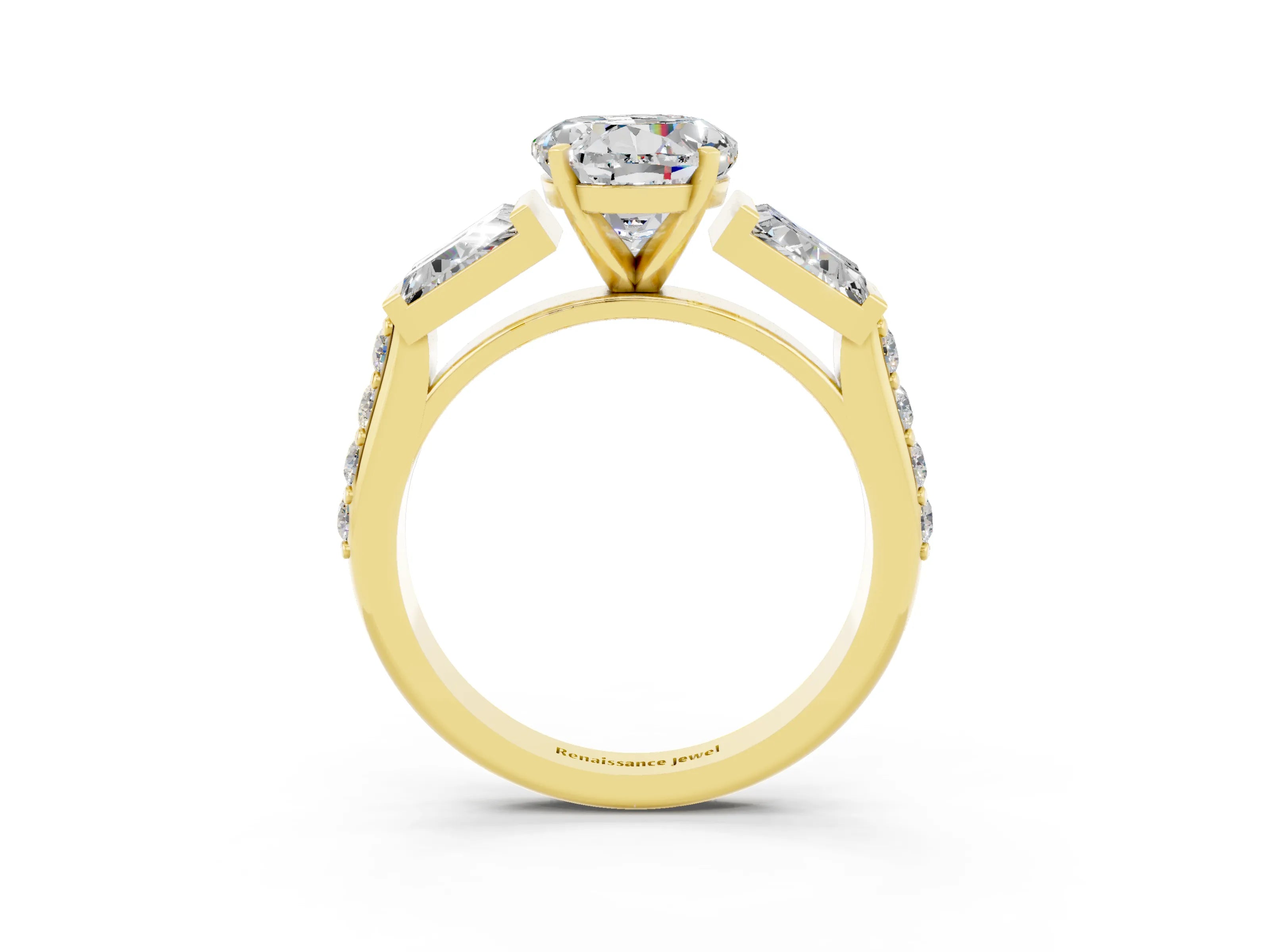 Yellow gold Round Cut Moissanite Engagement Ring with Baguette Side Stones and Channel Set Band_3