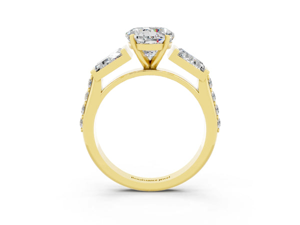 Yellow gold Round Cut Moissanite Engagement Ring with Baguette Side Stones and Channel Set Band