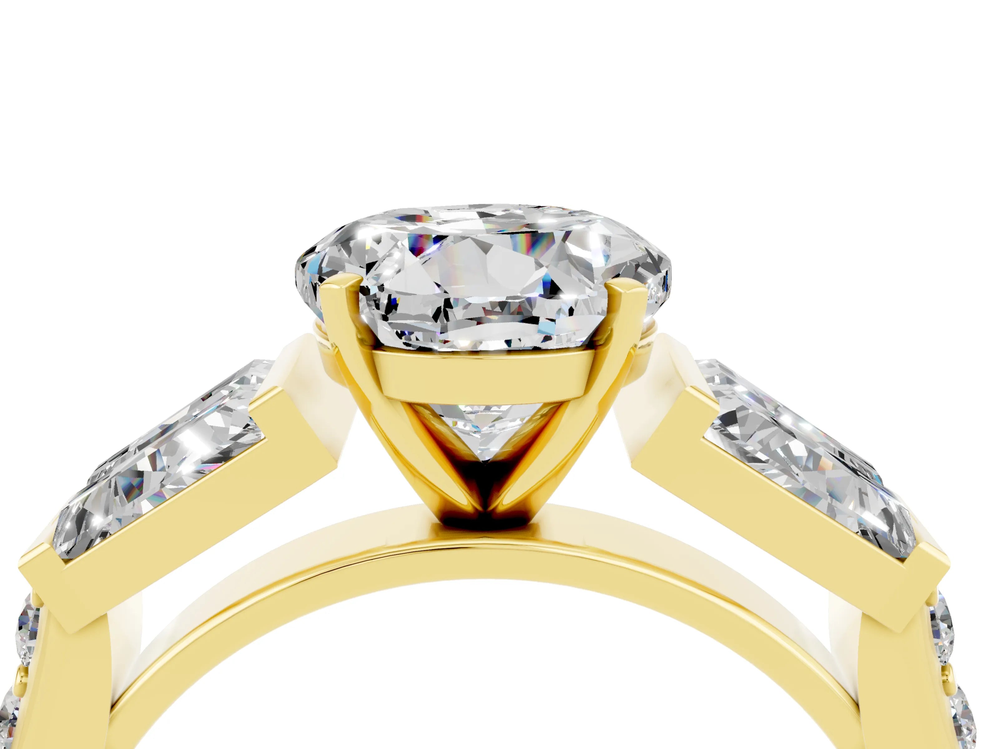Yellow gold Round Cut Moissanite Engagement Ring with Baguette Side Stones and Channel Set Band_4