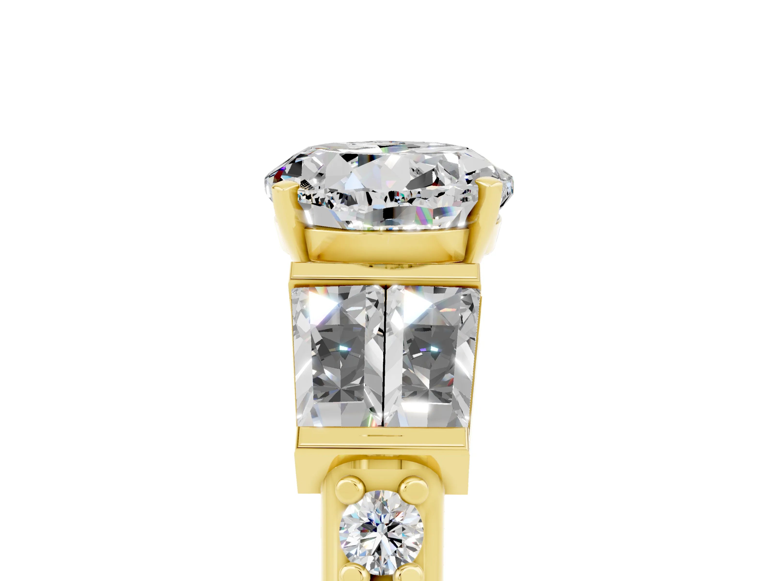 Yellow gold Round Cut Moissanite Engagement Ring with Baguette Side Stones and Channel Set Band_5
