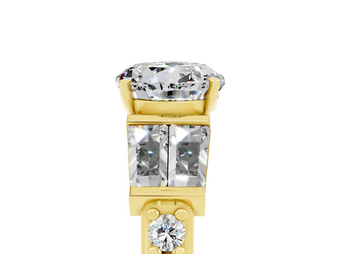 Yellow gold Round Cut Moissanite Engagement Ring with Baguette Side Stones and Channel Set Band_5