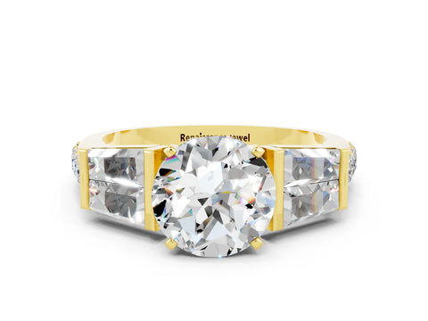 Yellow gold Round Cut Moissanite Engagement Ring with Baguette Side Stones and Channel Set Band