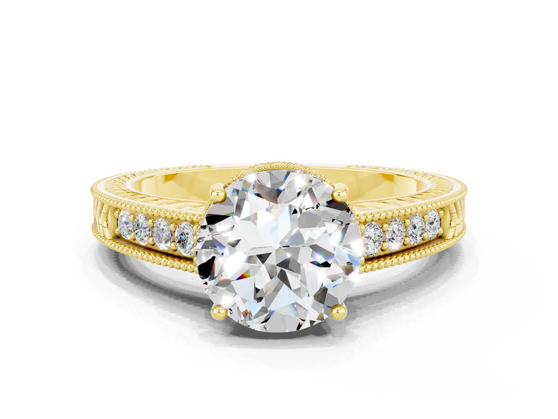 Yellow gold Round Cut Moissanite Engagement Ring with Milgrain Channel Set Band and Prong Setting