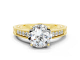 Yellow gold Round Cut Moissanite Engagement Ring with Milgrain Channel Set Band and Prong Setting