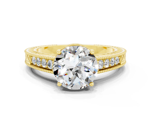 Yellow gold Round Cut Moissanite Engagement Ring with Milgrain Channel Set Band and Prong Setting