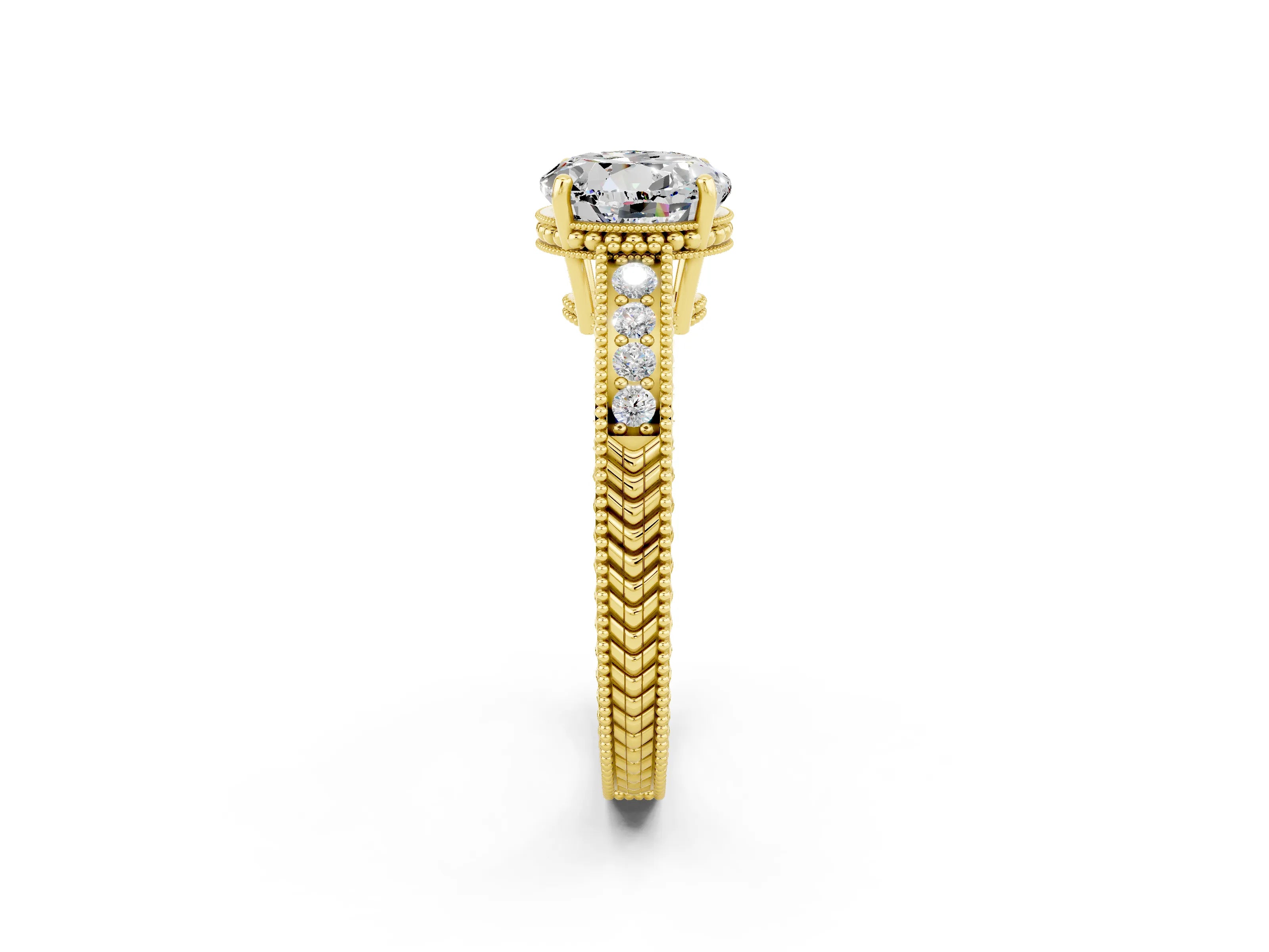 Yellow gold Round Cut Moissanite Engagement Ring with Milgrain Channel Set Band and Prong Setting_2