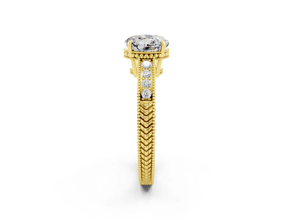 Yellow gold Round Cut Moissanite Engagement Ring with Milgrain Channel Set Band and Prong Setting