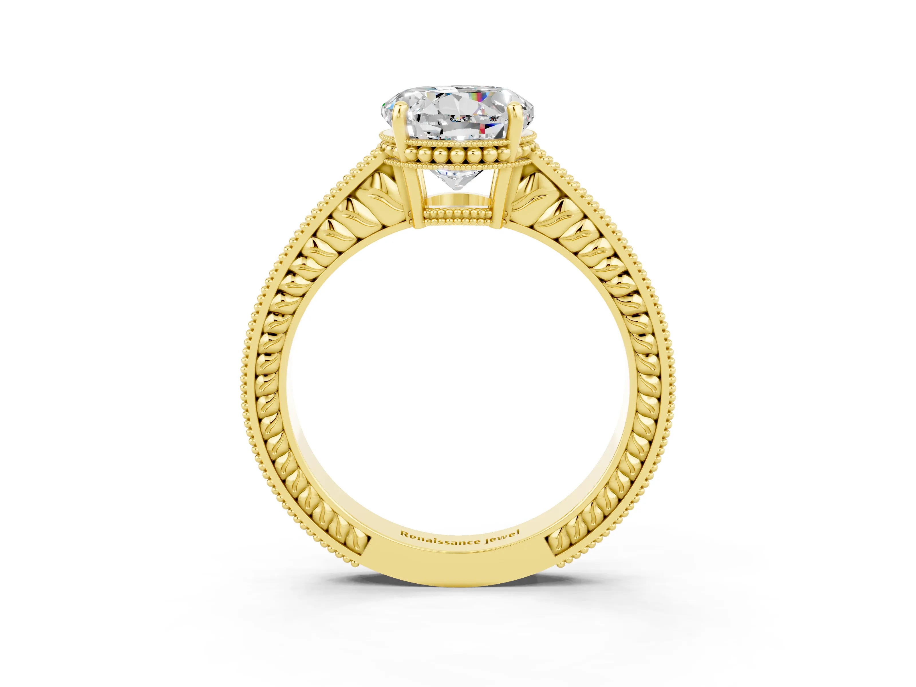 Yellow gold Round Cut Moissanite Engagement Ring with Milgrain Channel Set Band and Prong Setting_3