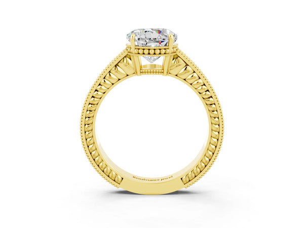 Yellow gold Round Cut Moissanite Engagement Ring with Milgrain Channel Set Band and Prong Setting