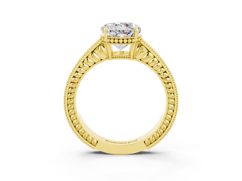 Yellow gold Round Cut Moissanite Engagement Ring with Milgrain Channel Set Band and Prong Setting_3