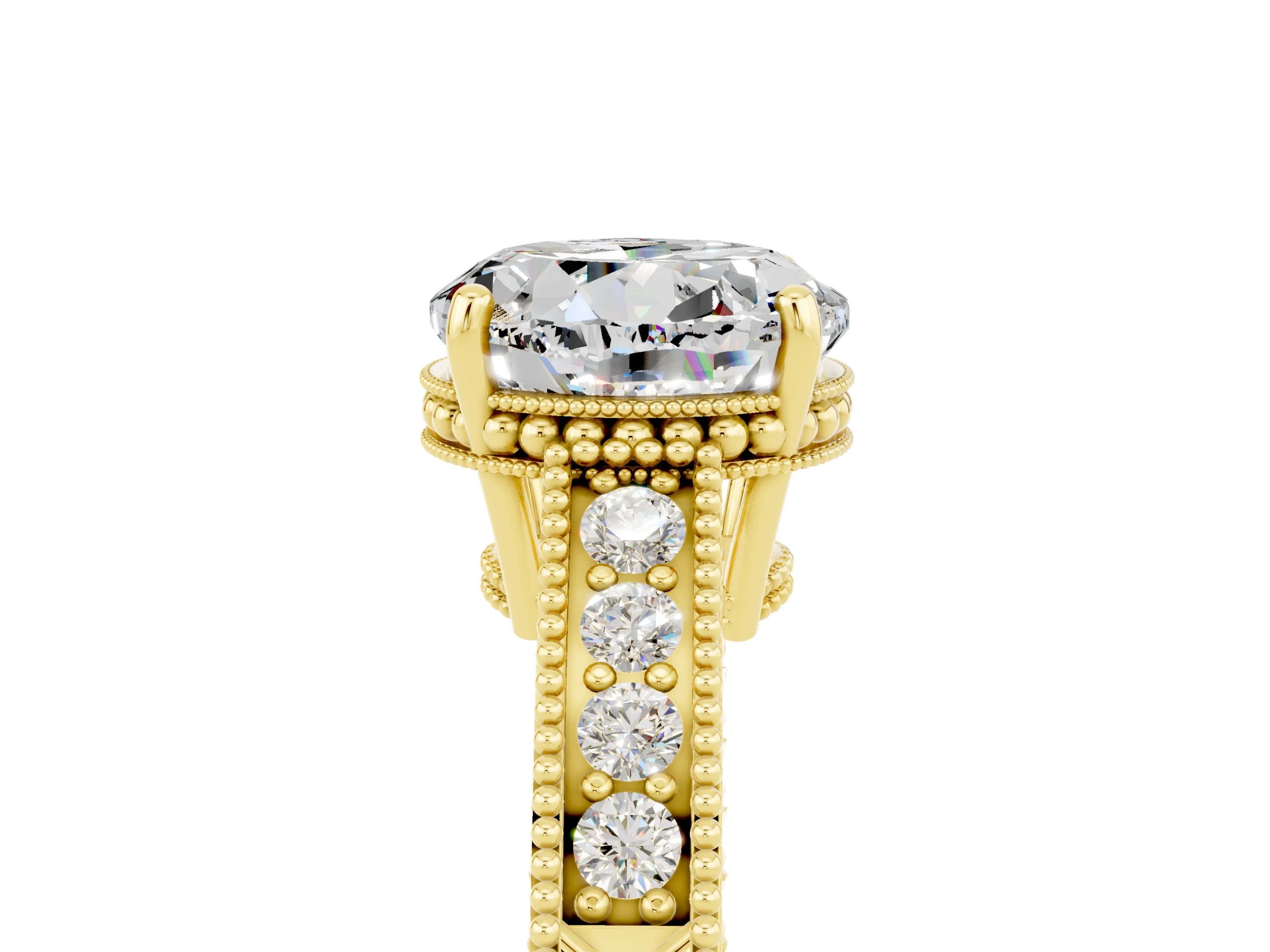 Yellow gold Round Cut Moissanite Engagement Ring with Milgrain Channel Set Band and Prong Setting_5