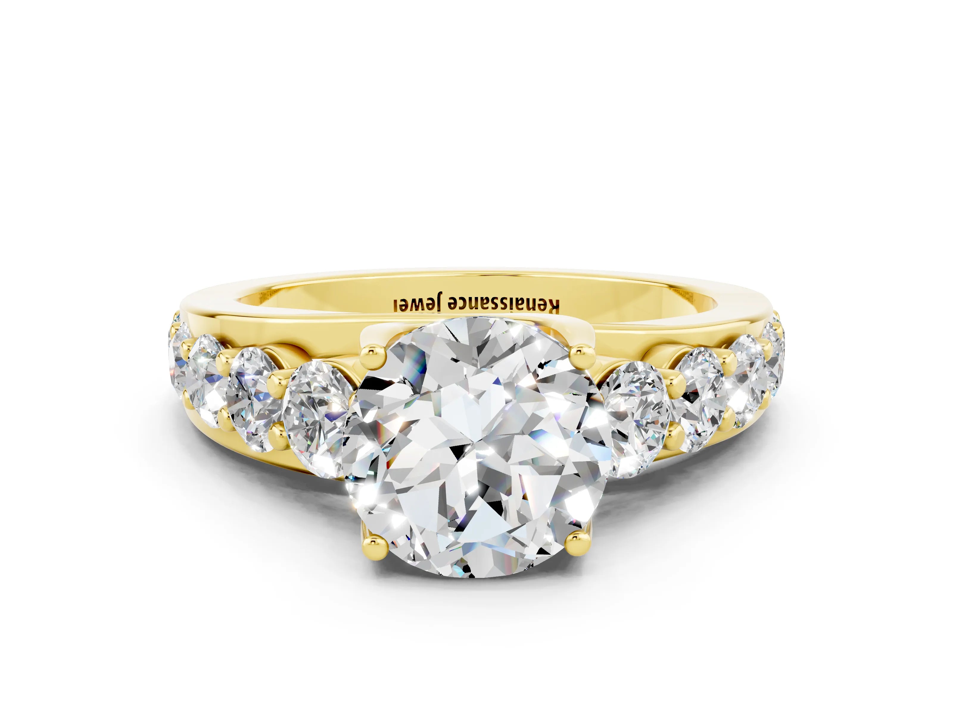 Yellow gold Round Cut Moissanite Engagement Ring with Pavé Band and Four-Prong Setting