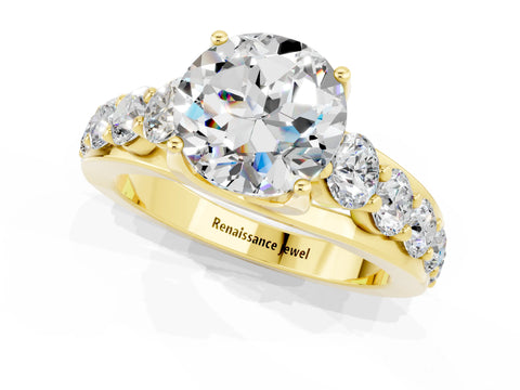 Yellow gold Round Cut Moissanite Engagement Ring with Pavé Band and Four-Prong Setting_1