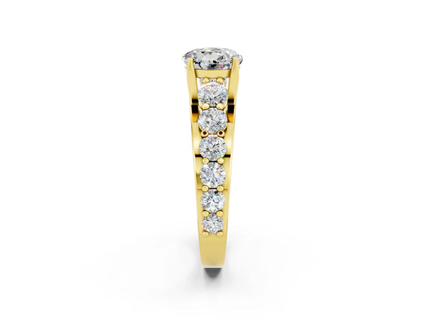 Yellow gold Round Cut Moissanite Engagement Ring with Pavé Band and Four-Prong Setting