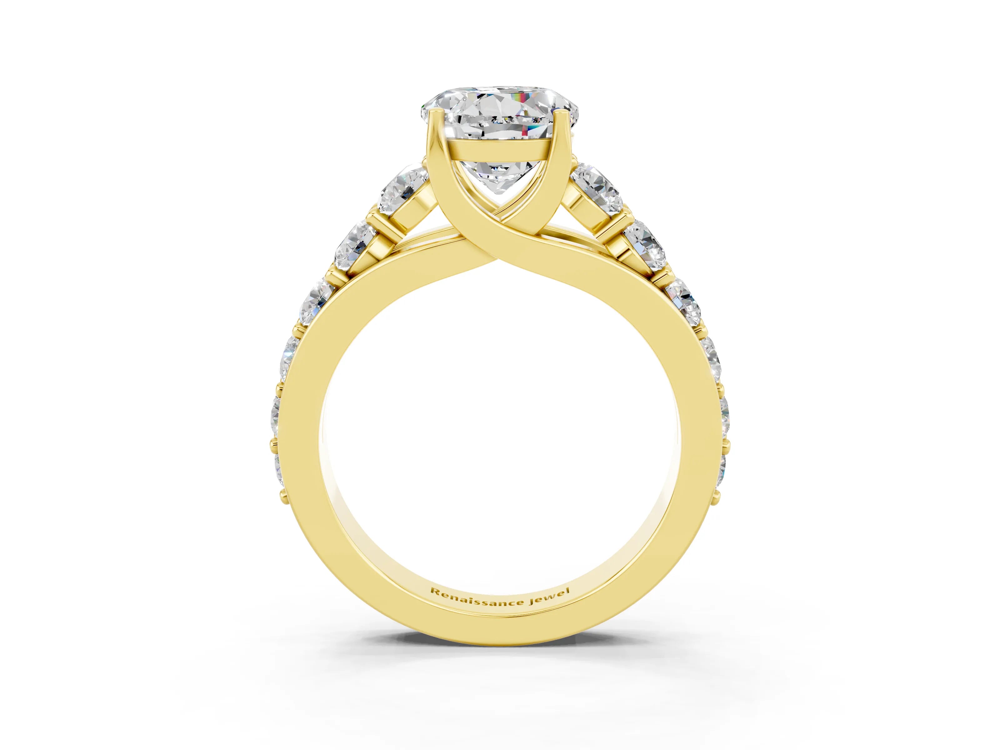 Yellow gold Round Cut Moissanite Engagement Ring with Pavé Band and Four-Prong Setting_3
