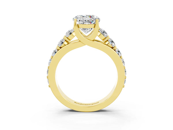 Yellow gold Round Cut Moissanite Engagement Ring with Pavé Band and Four-Prong Setting