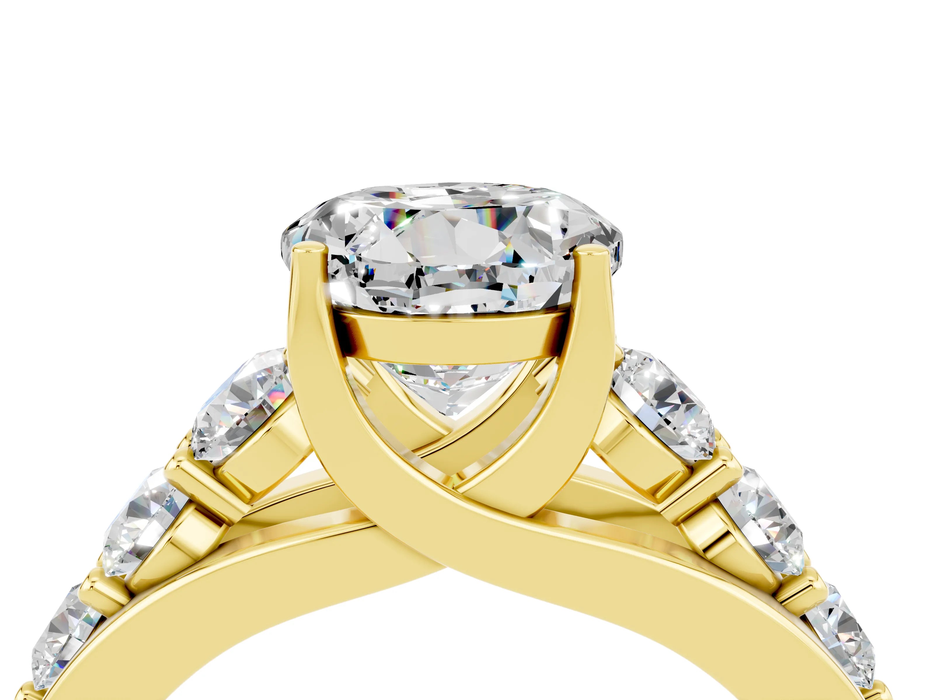 Yellow gold Round Cut Moissanite Engagement Ring with Pavé Band and Four-Prong Setting_4