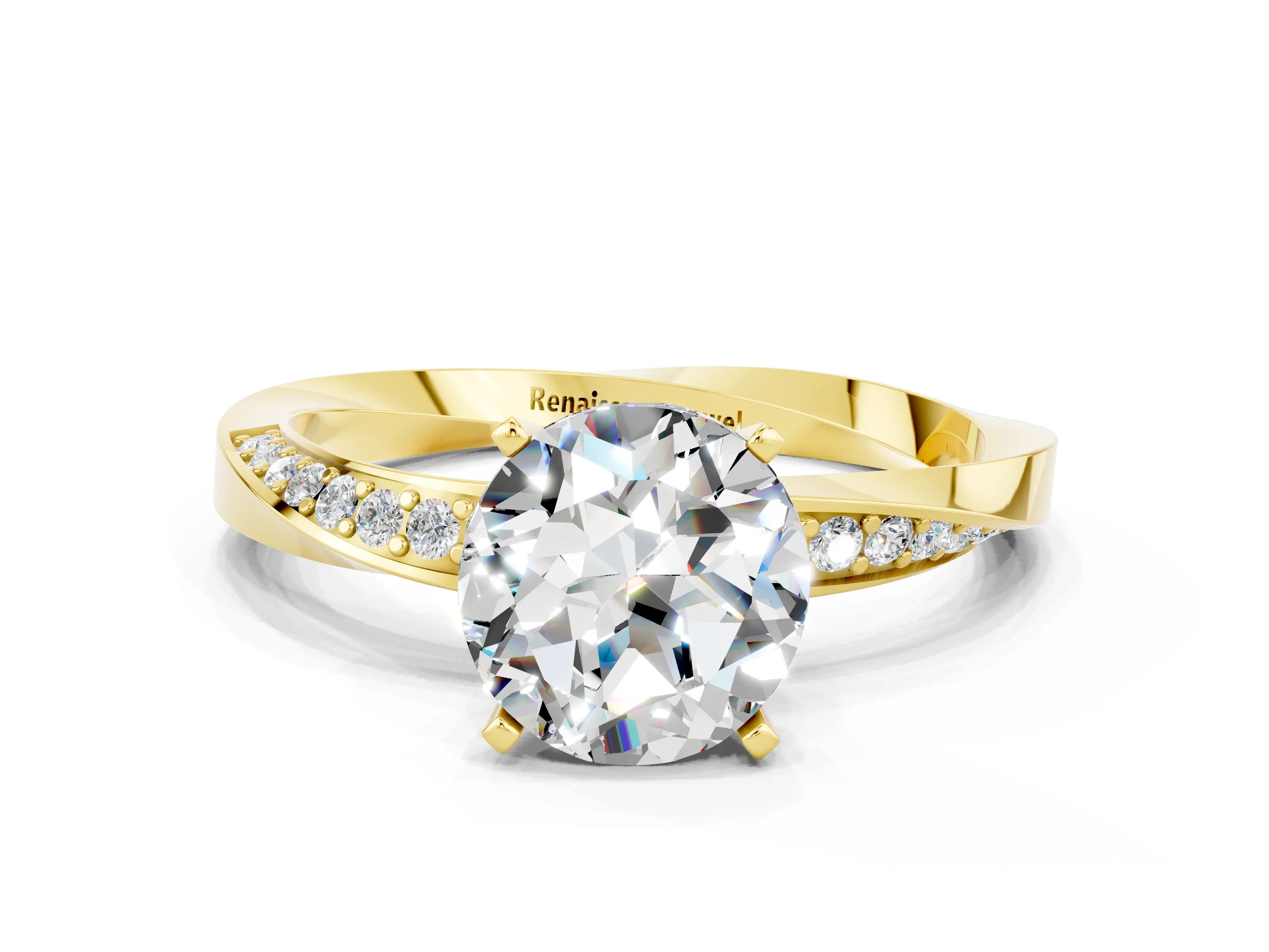 Yellow gold Round Cut Moissanite Engagement Ring with Side Stone Accents and Four-Prong Setting_27