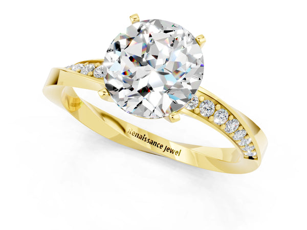Yellow gold Round Cut Moissanite Engagement Ring with Side Stone Accents and Four-Prong Setting