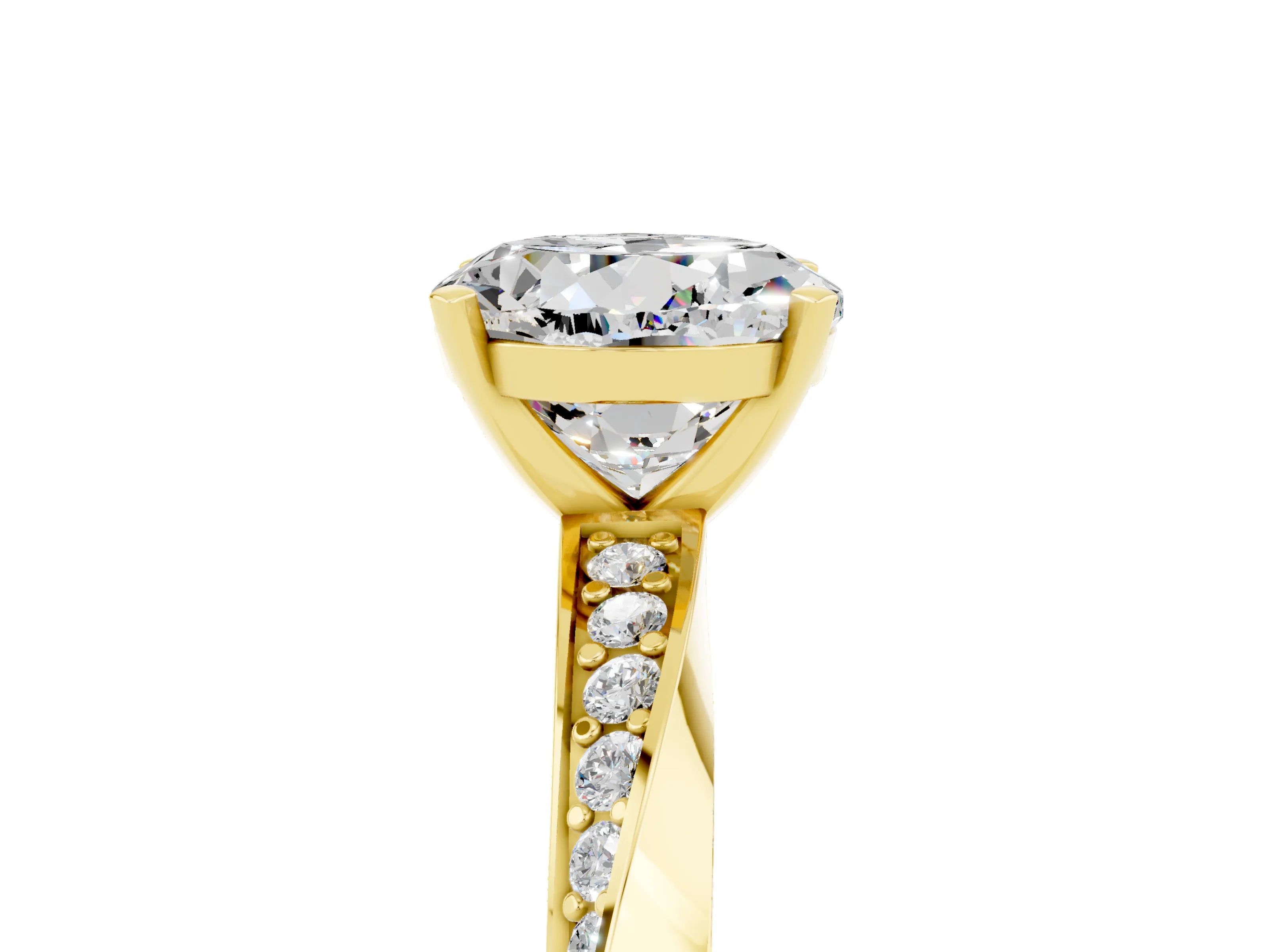 Yellow gold Round Cut Moissanite Engagement Ring with Side Stone Accents and Four-Prong Setting_32