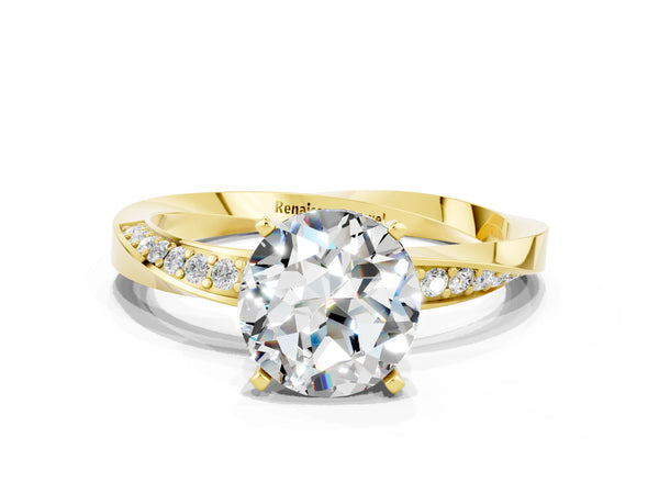 Yellow gold Round Cut Moissanite Engagement Ring with Side Stone Accents and Four-Prong Setting