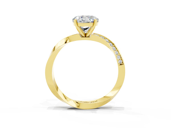 Yellow gold Round Cut Moissanite Engagement Ring with Side Stone Accents and Four-Prong Setting