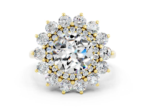 Yellow gold Round Cut Moissanite Floral Double Halo Engagement Ring with Prong Setting