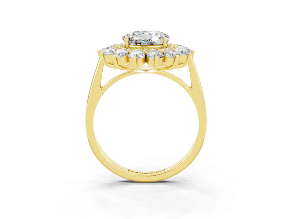 Yellow gold Round Cut Moissanite Floral Double Halo Engagement Ring with Prong Setting