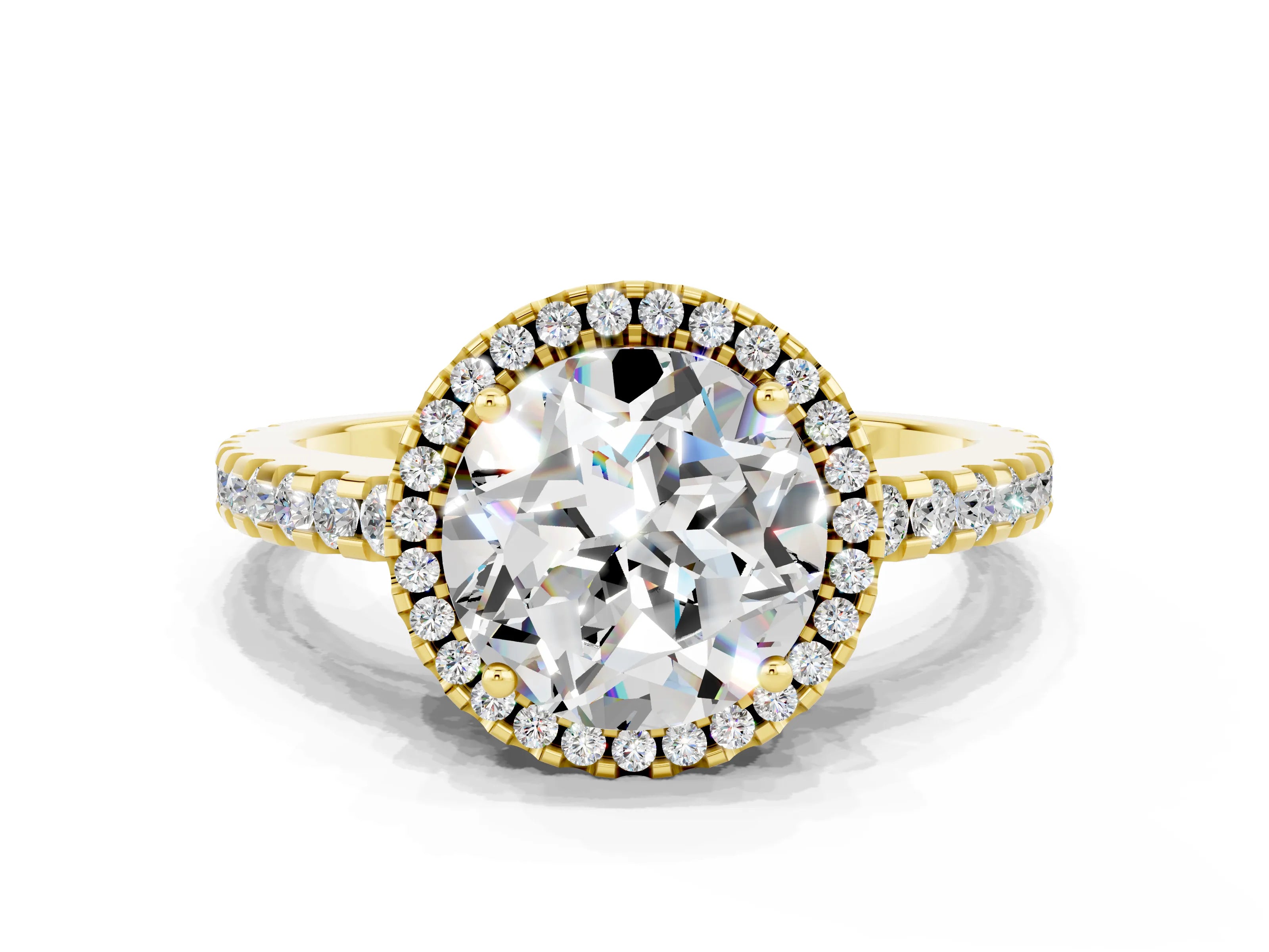 Yellow gold Round Cut Moissanite Halo Engagement Ring with Pavé Band and Prong Setting_12
