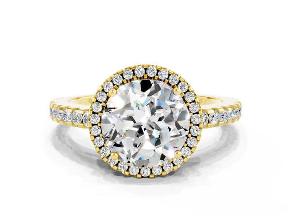 Yellow gold Round Cut Moissanite Halo Engagement Ring with Pavé Band and Prong Setting