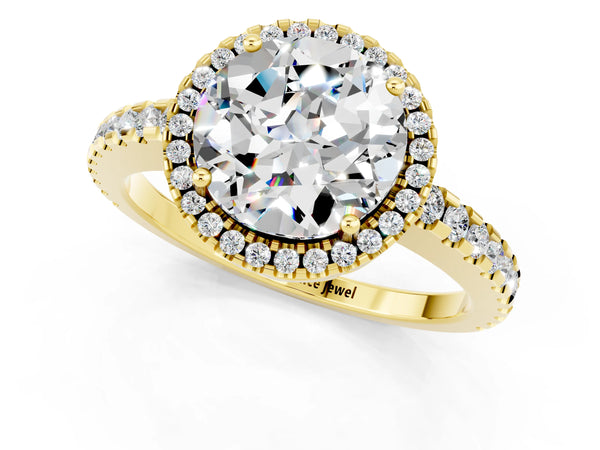 Yellow gold Round Cut Moissanite Halo Engagement Ring with Pavé Band and Prong Setting