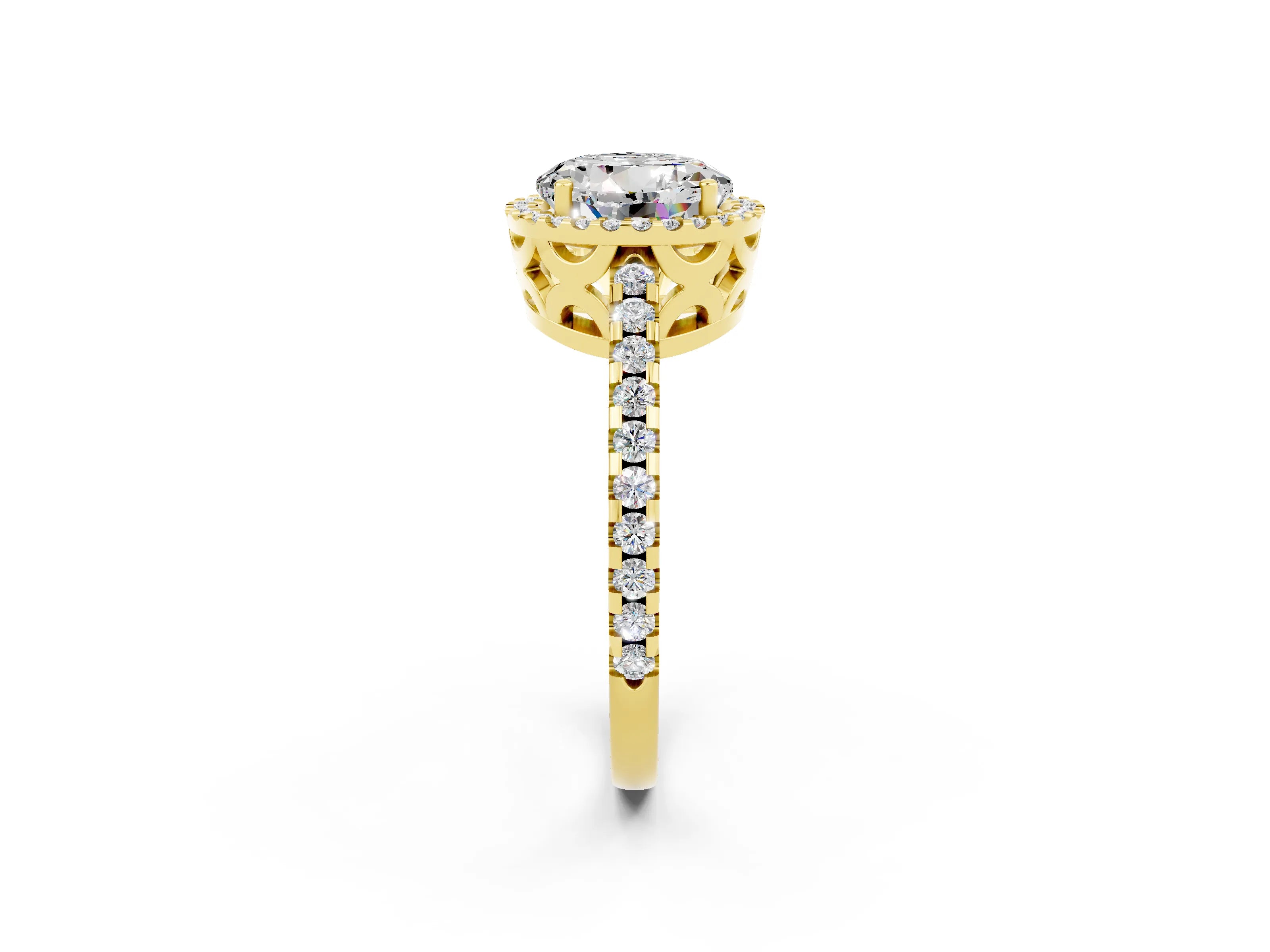 Yellow gold Round Cut Moissanite Halo Engagement Ring with Pavé Band and Prong Setting_14