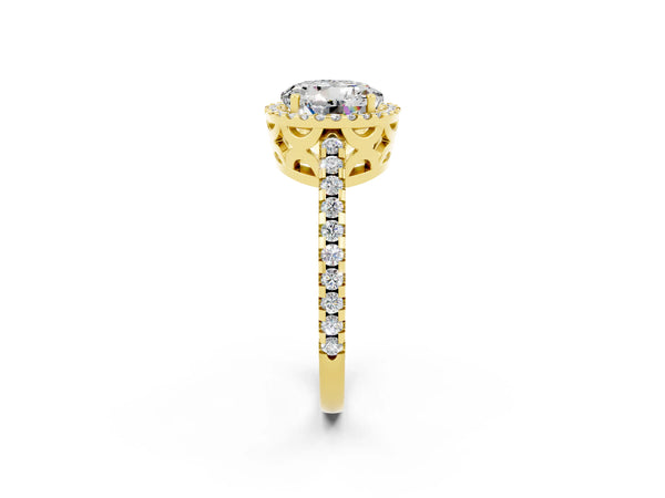 Yellow gold Round Cut Moissanite Halo Engagement Ring with Pavé Band and Prong Setting