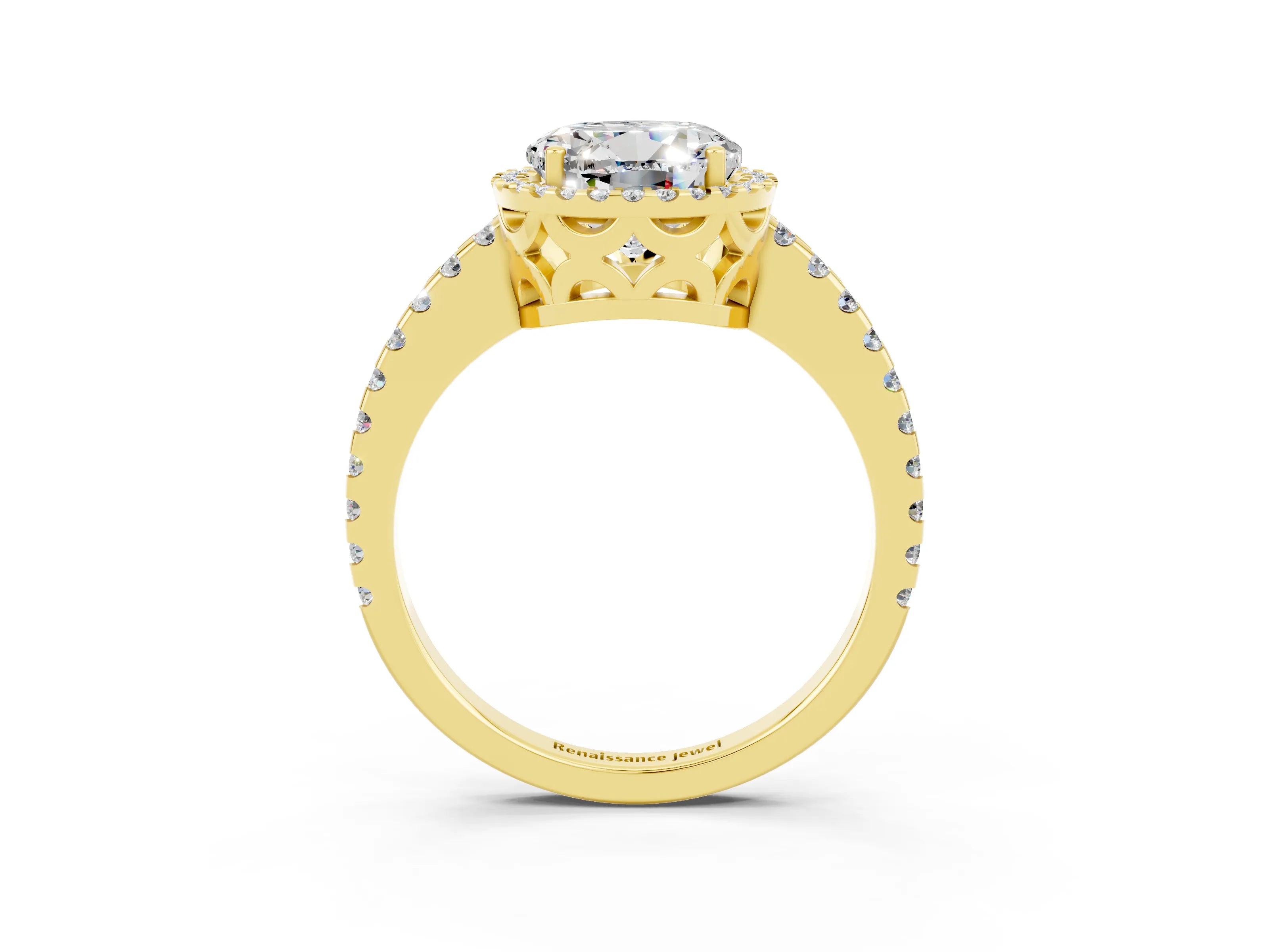 Yellow gold Round Cut Moissanite Halo Engagement Ring with Pavé Band and Prong Setting_15
